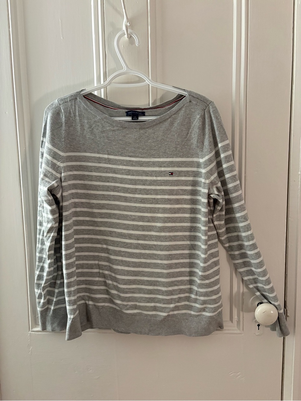 Tommy Hilfiger Gray and White Striped Boatneck Sweatshirt